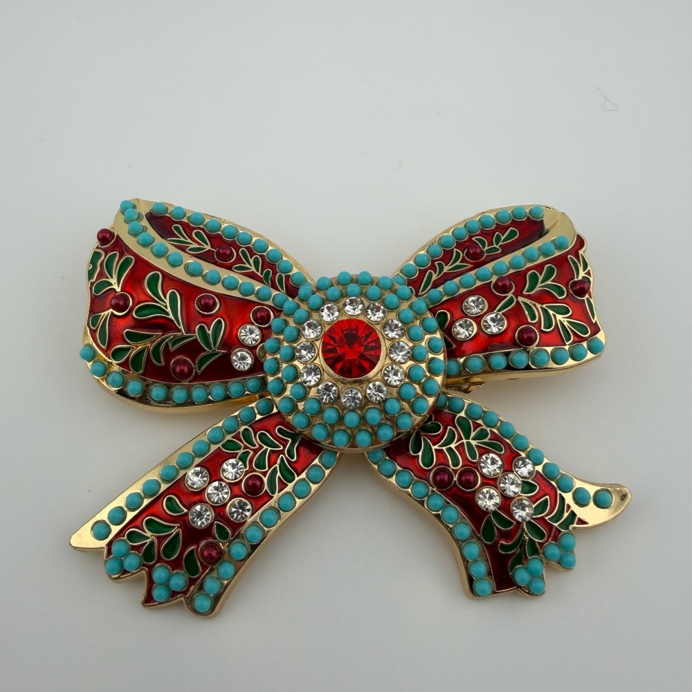 Red, Gold & Turquoise Bow Brooch Enamel Crystal Holiday Pin